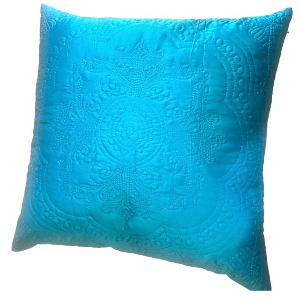 Silk Turquoise Embroidered Boho Style Accent Pillow 20” square